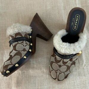 COACH Monogram Shearling-Lined Wooden Clog Mules – Size 6